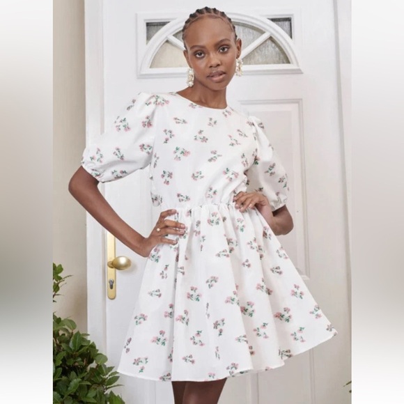 Sister Jane White Floral Embroidered Backless Baby Doll Mini Puff Sleeve Dress - Picture 14 of 17